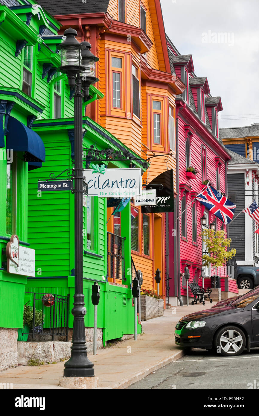 Succession of brightly coloured historic buildings on King St. in