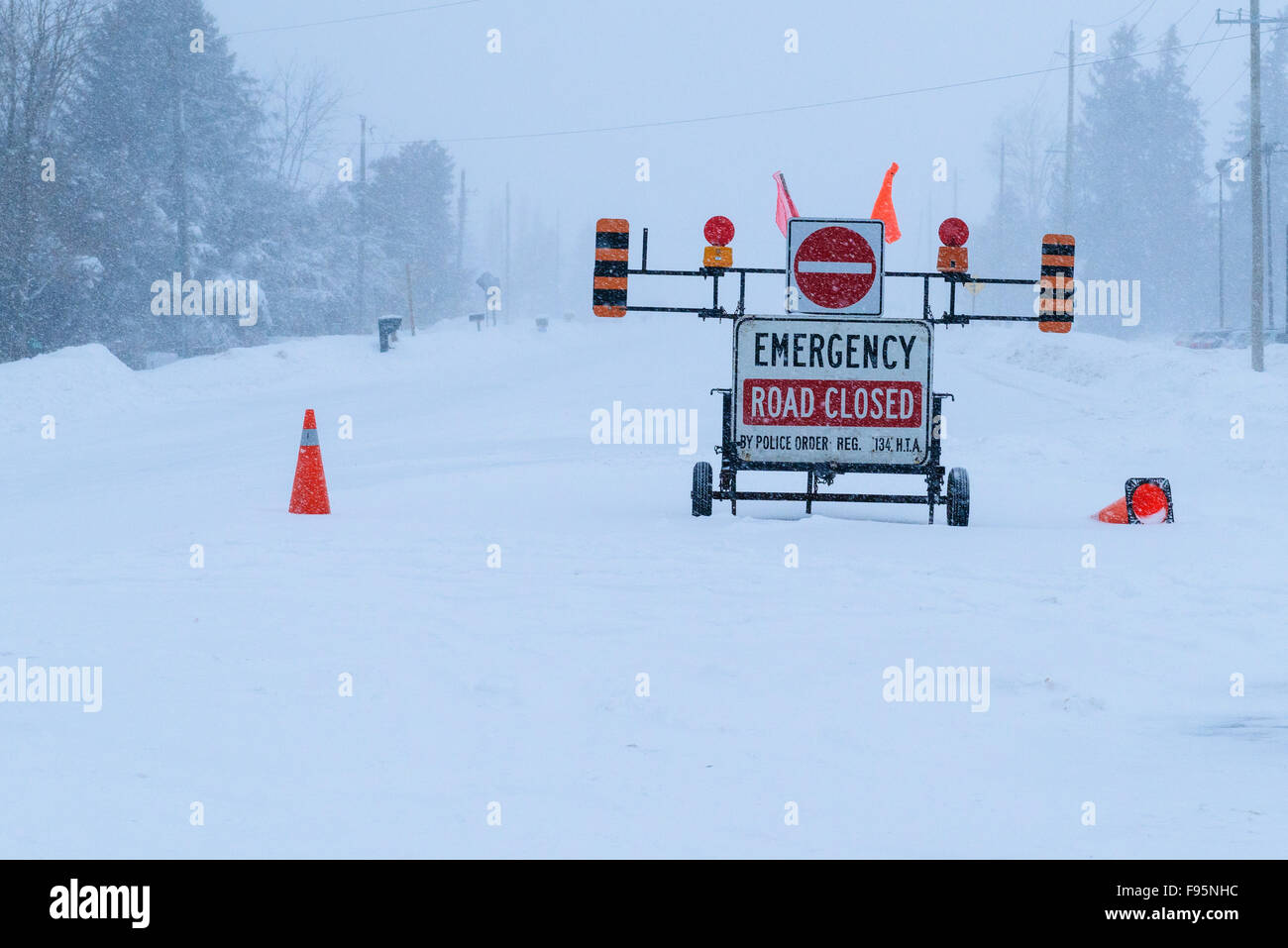 Emergency Road Closed sign due to winter conditions, Fergus, Ontario
