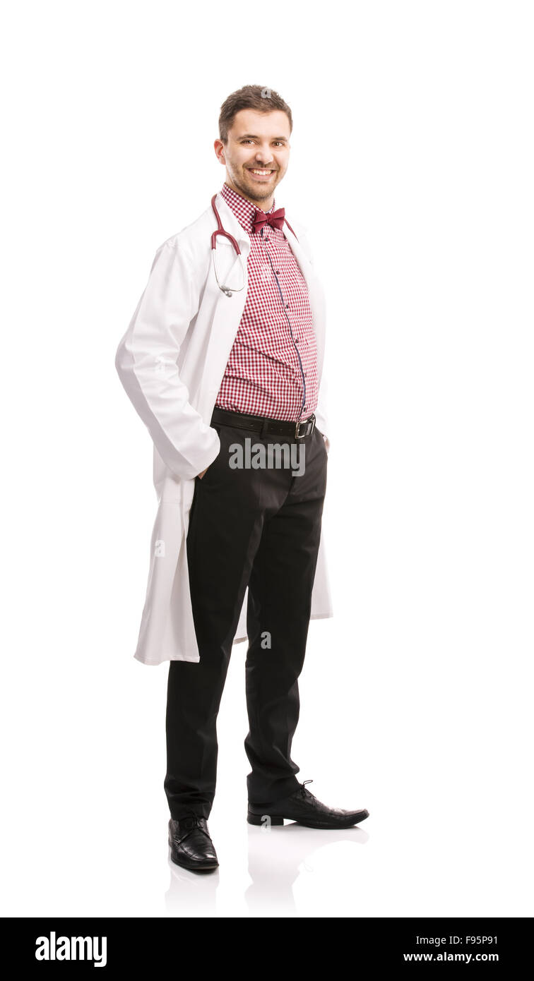 Smiling medical doctor man with stethoscope. Isolated on white background. Stock Photo