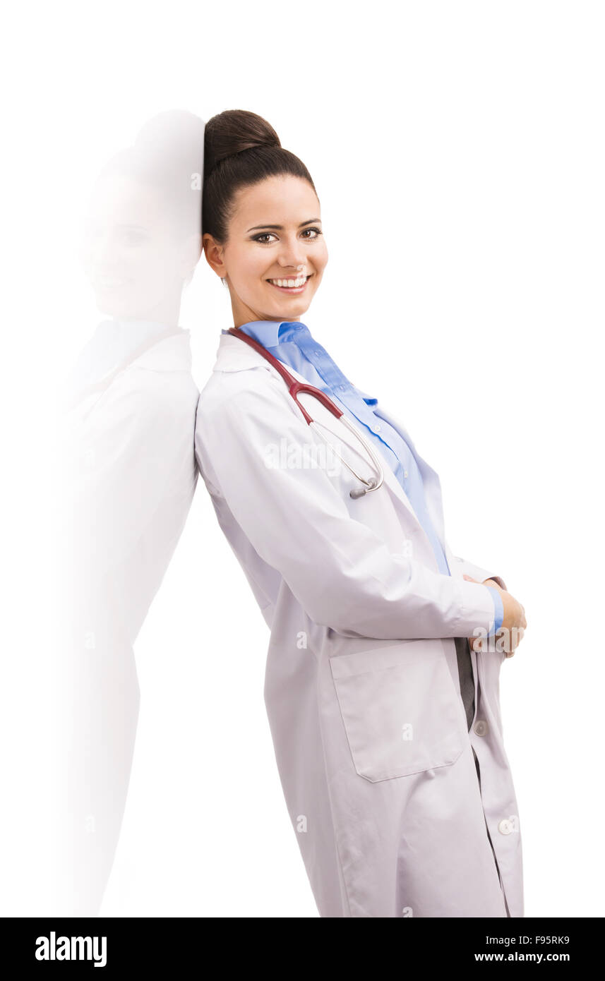 Smiling medical doctor woman with stethoscope. Isolated on white background. Stock Photo