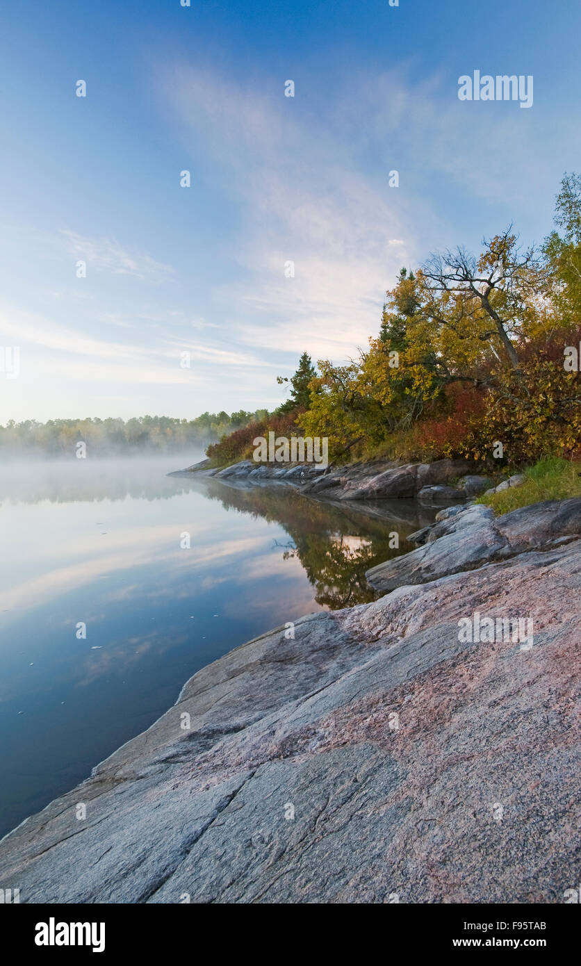 Canadian Shield rock and lake, Namau Lake, Whiteshell Provincial Park, Manitoba, Canada Stock Photo