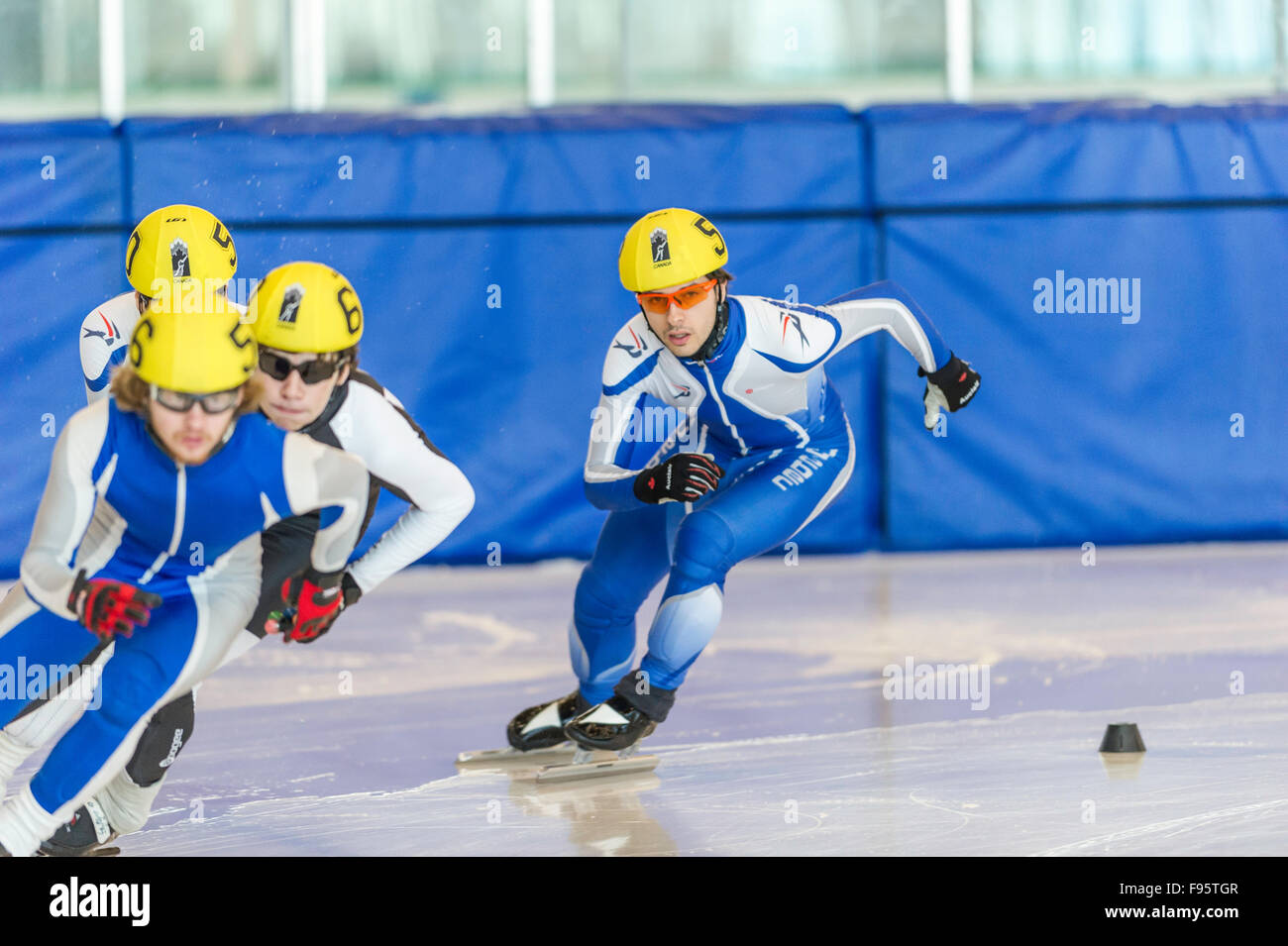 Canadian Shorttrack speed skating competition. 500 m sprint heats,in Olympic Oval 2014,Richmond BC, Canada. Stock Photo