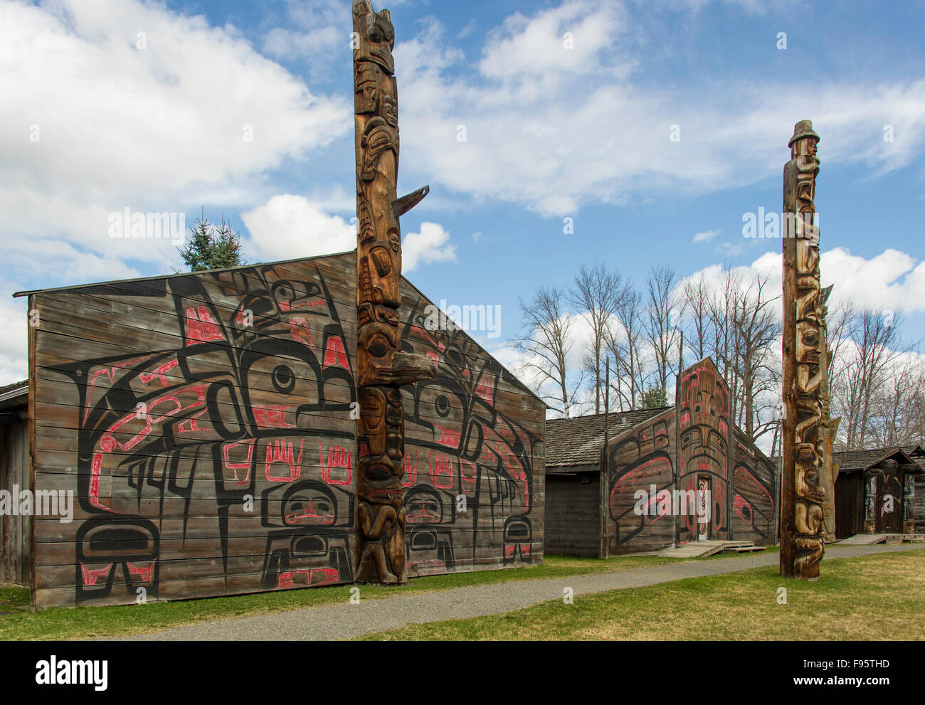 Ksan Historical Village, a replica of an ancient Gitxsan village situated at the confluence of the Skeena and Bulkley rivers, Stock Photo