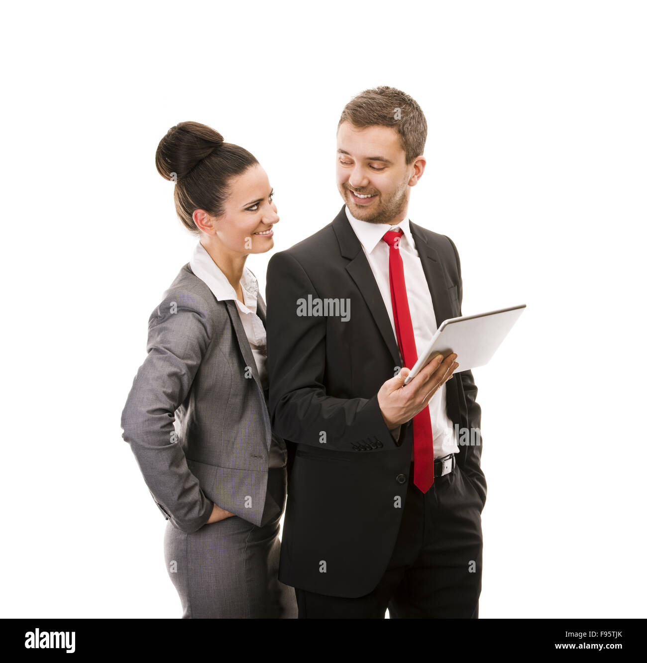Young smiling business woman and business man isolated over white ...