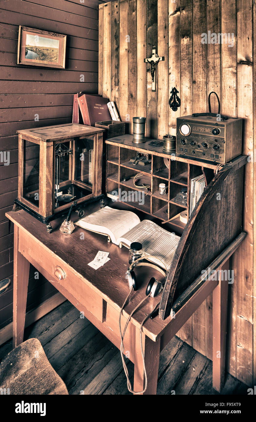 Interior of old post office at historic townsite of Trochu, Alberta