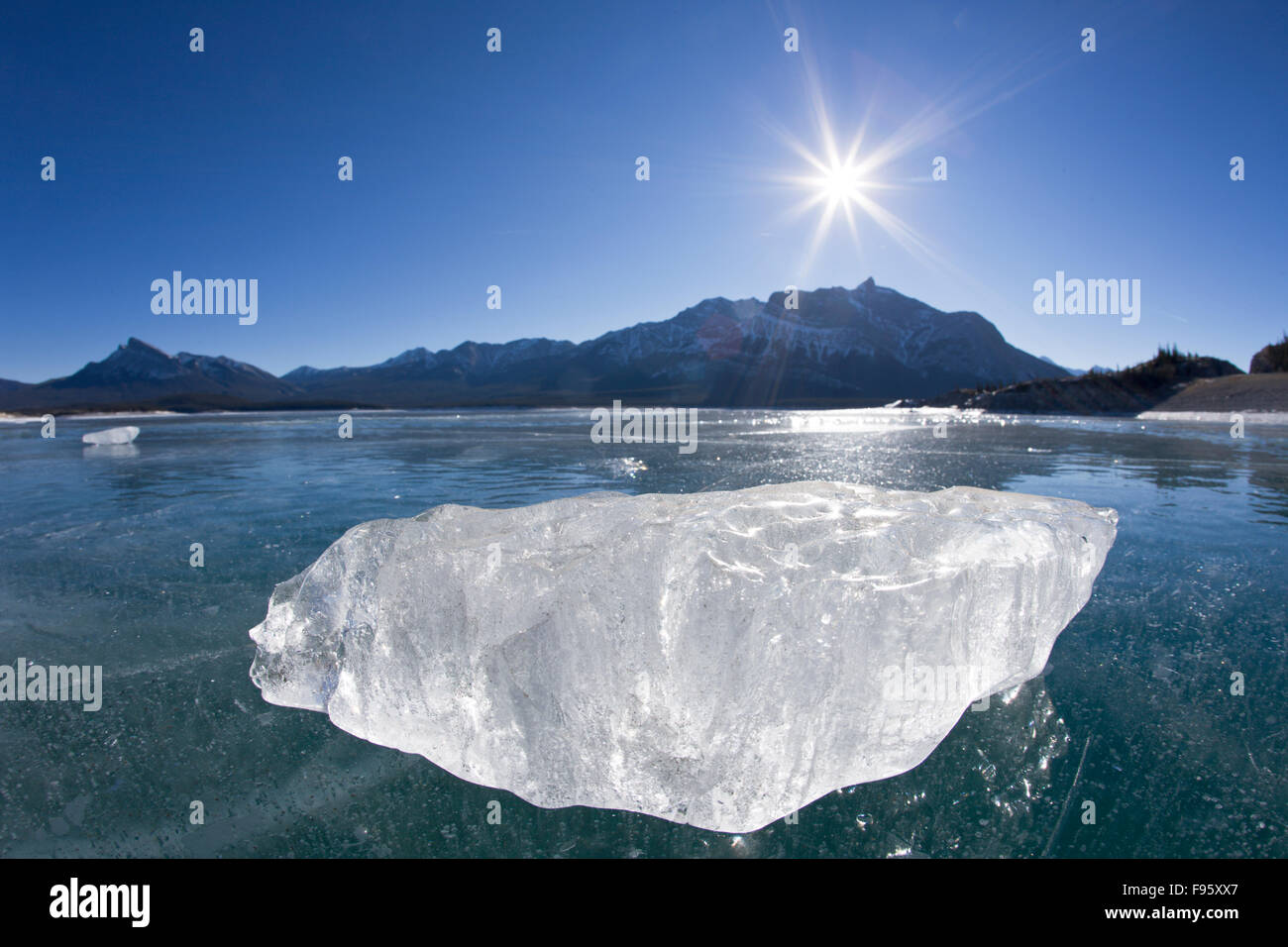 Ice on Abraham Lake, Kootenay Plains, Alberta, Canada Stock Photo