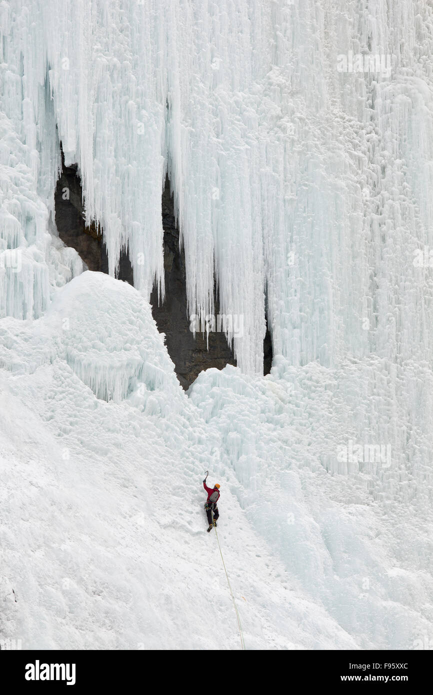 The Weeping wall in winter with ice climber, Icefields Parkway, Banff ...