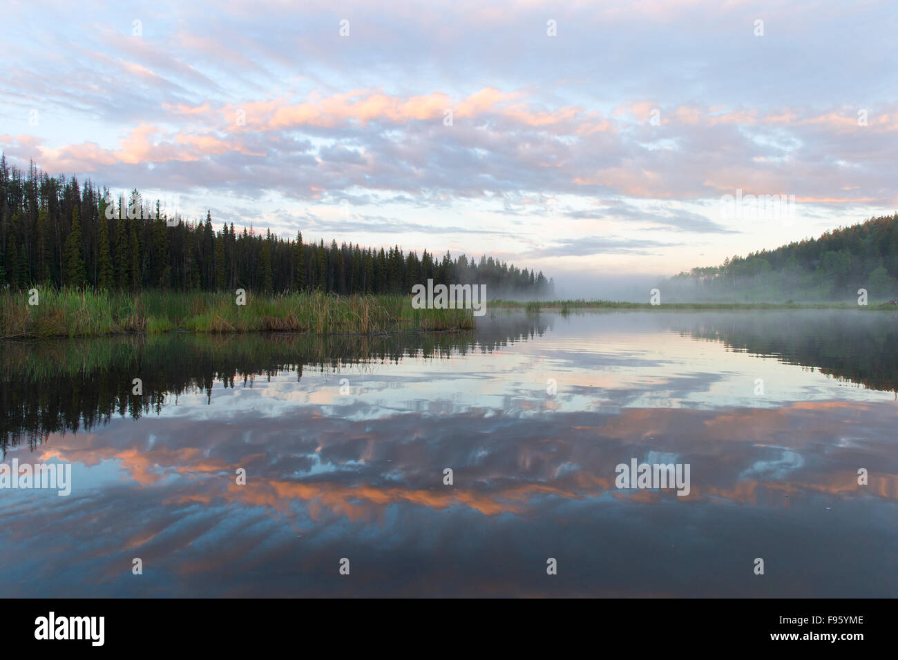 Misty sunrise, Lac Le Jeune, British Columbia. Stock Photo