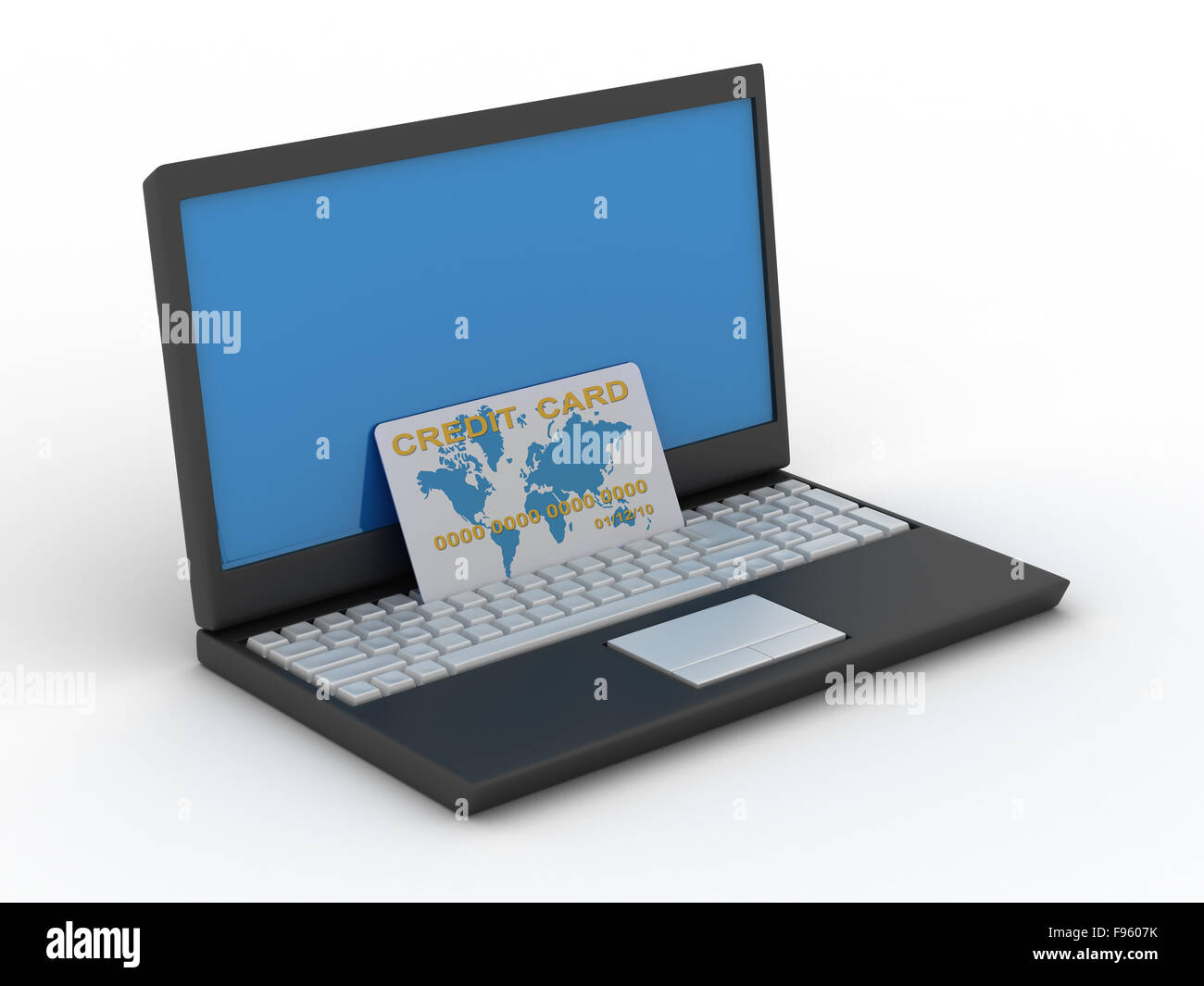 computer with a credit card on a white background. Isolated 3D image Stock Photo
