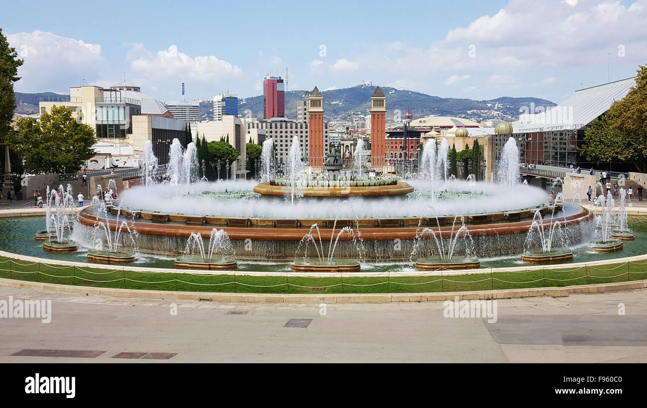 Magic fountain in Barcelona, Spain. Photo taken by mobile phone Stock