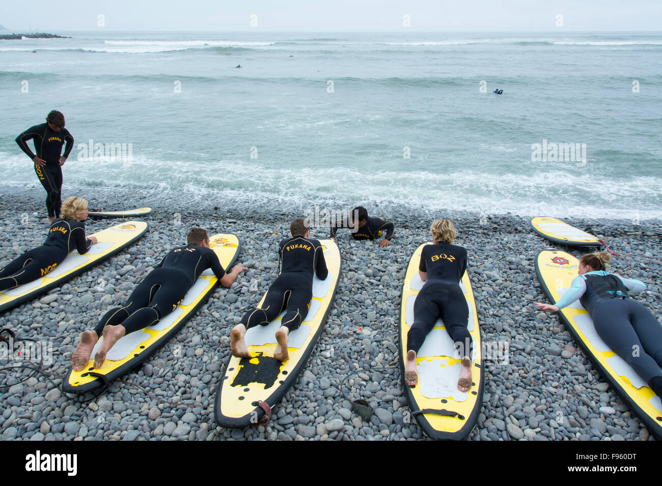Surfing lessons, Miraflores suburb, Lima, Peru Stock Photo Alamy