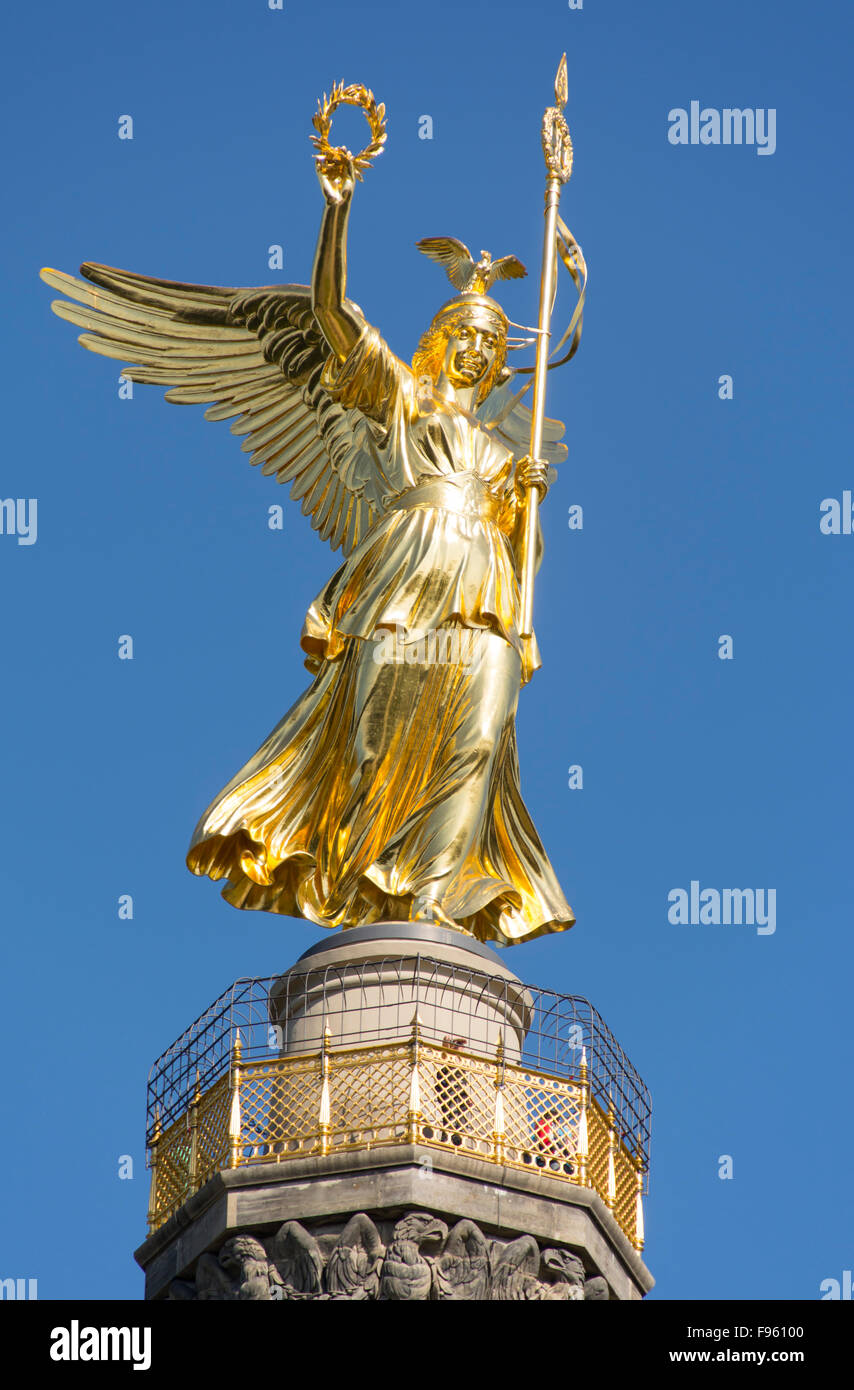 Golden Statue atop the Victory Column or  Siegessaule, Designed by Heinrich Strack, Berlin, Germany Stock Photo