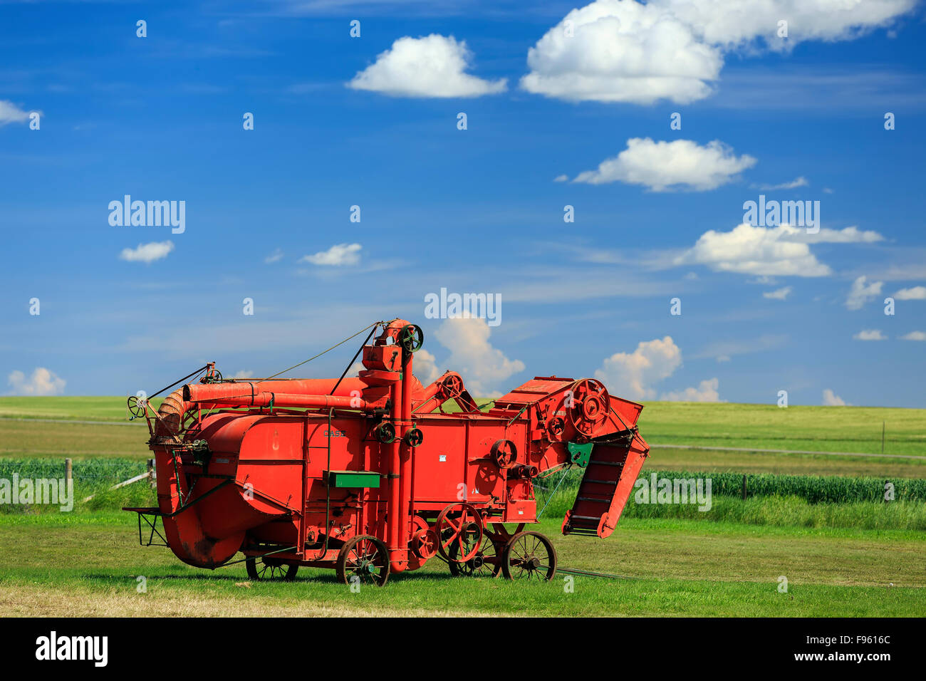Vintage Case thresher machine on the Canadian Prairie, near Longview, Alberta, Canada Stock Photo