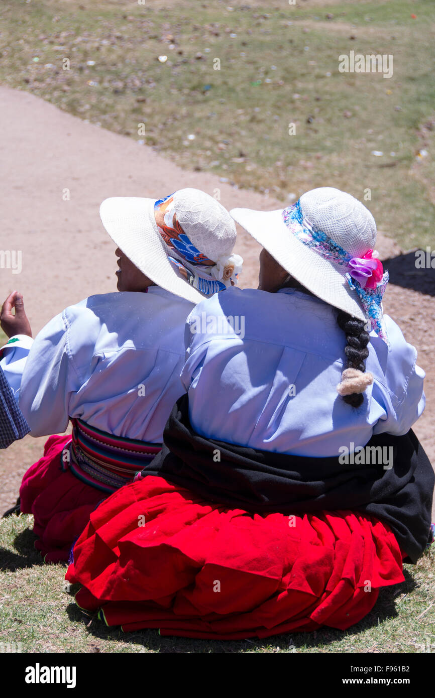 Villagers on Island of Amantani, Lake Titicaca, Peru Stock Photo