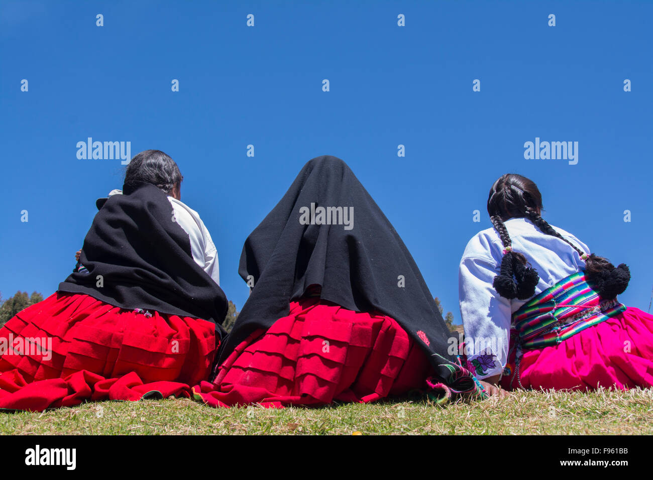 Villagers on Island of Amantani, Lake Titicaca, Peru Stock Photo