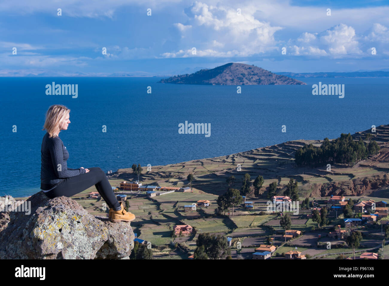 Viewpoint from the top of the island of Island of Amantani, Lake Titicaca, Peru Stock Photo