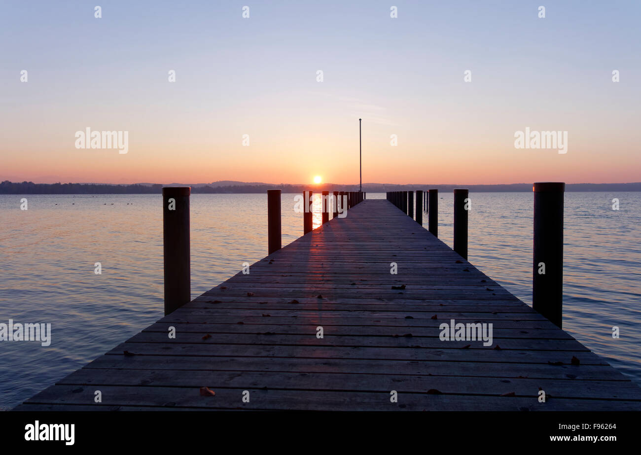 Sunset, jetty, Lake Starnberg, St. Heinrich, Fünfseenland, Upper Bavaria, Bavaria, Germany Stock Photo