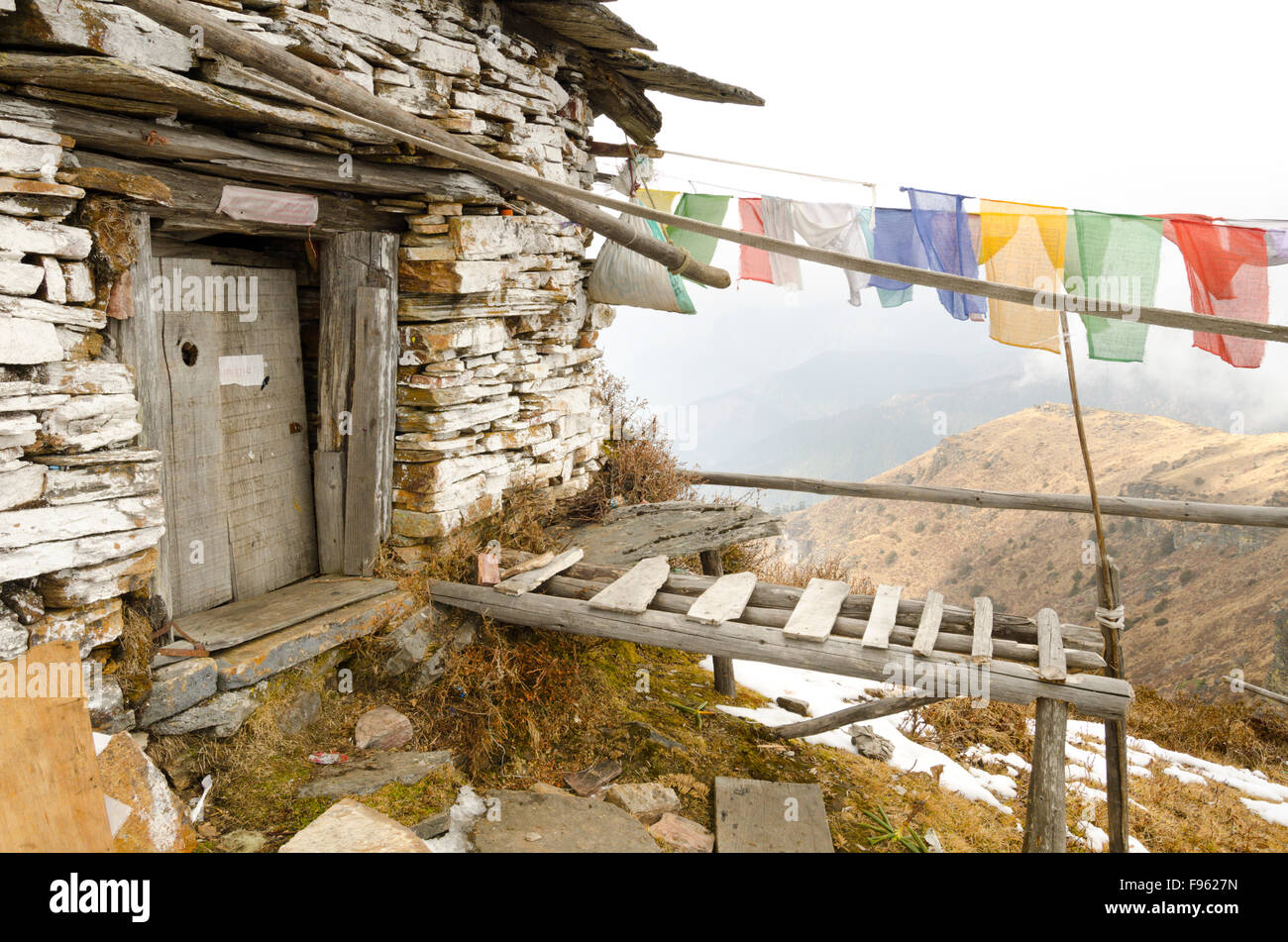 A sky burial monument showing the rack for tying down a human corpse, Bhutan Stock Photo