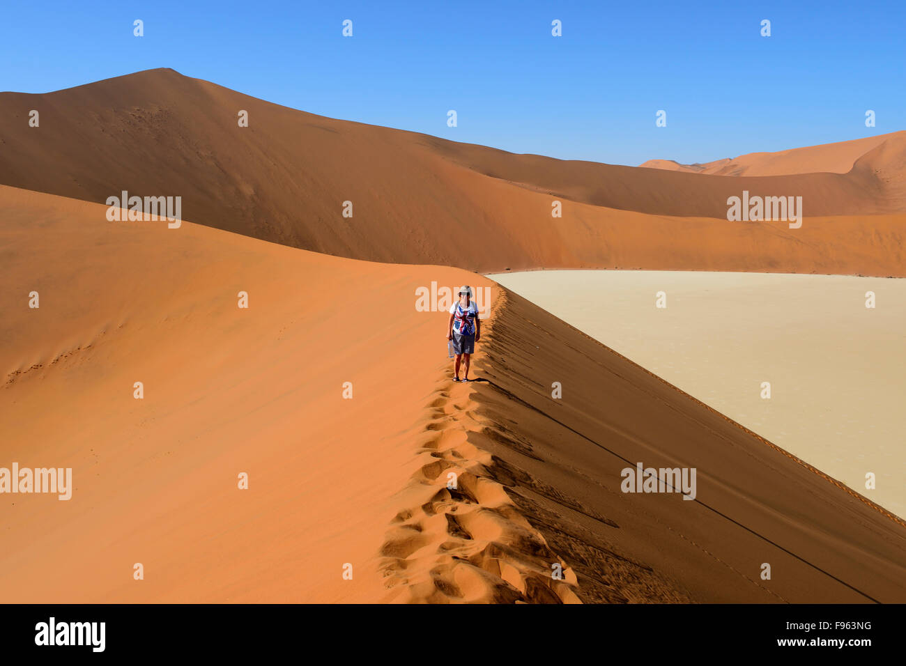 Tourist on ridge of sand dune at Sossusvlei, Namib-Naukluft National ...
