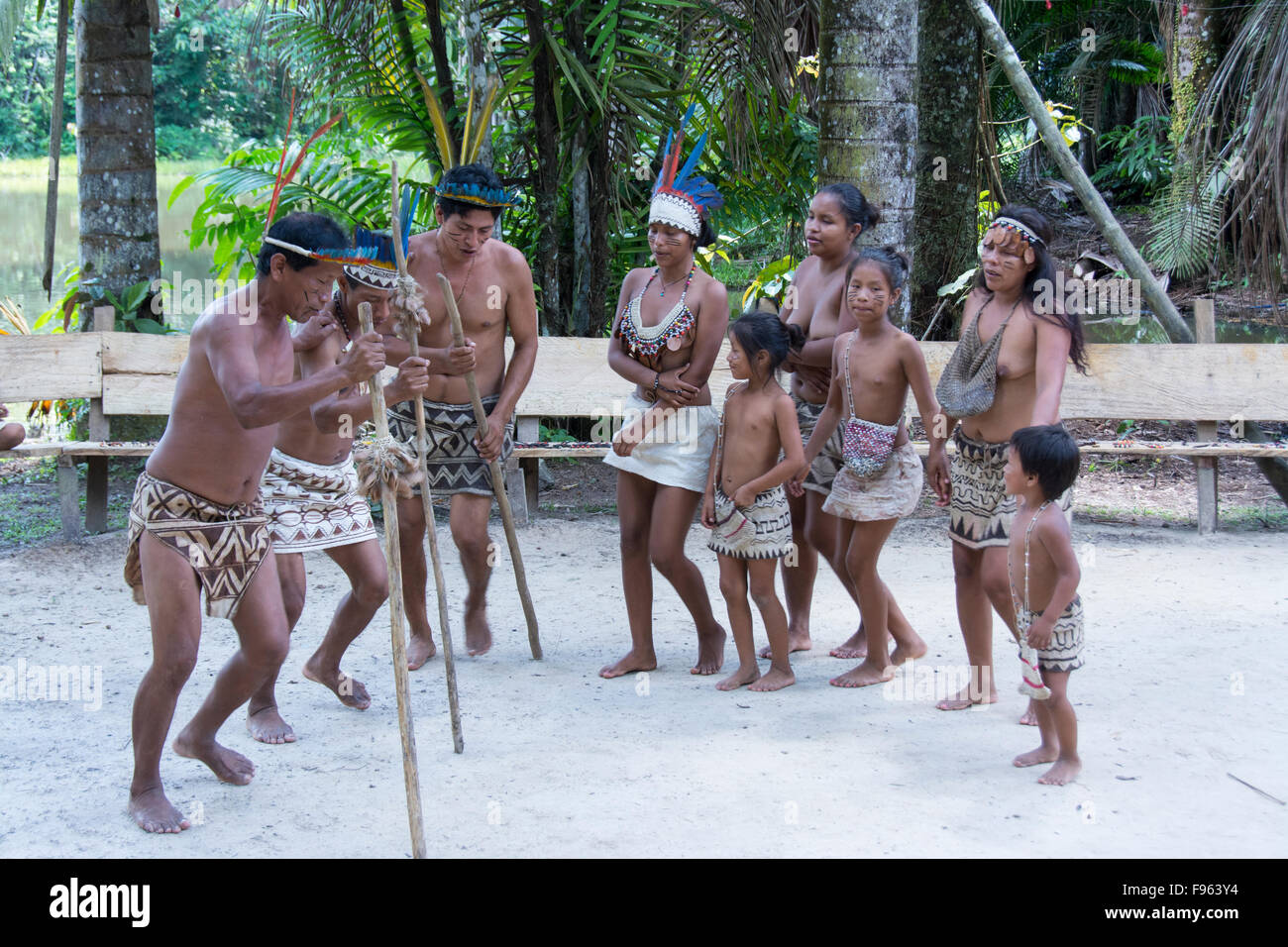 Indiginous Bora villagers at Kapitari village, near Manacamiri, Amazon River, Peru Stock Photo