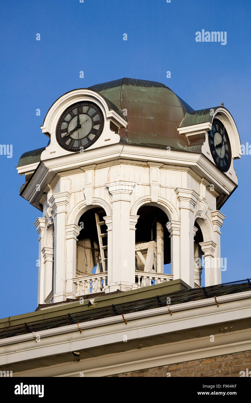 The clock and bell tower on Brockville City Hall (formerly Victoria Hall) in Brockville, Ontario, Canada Stock Photo