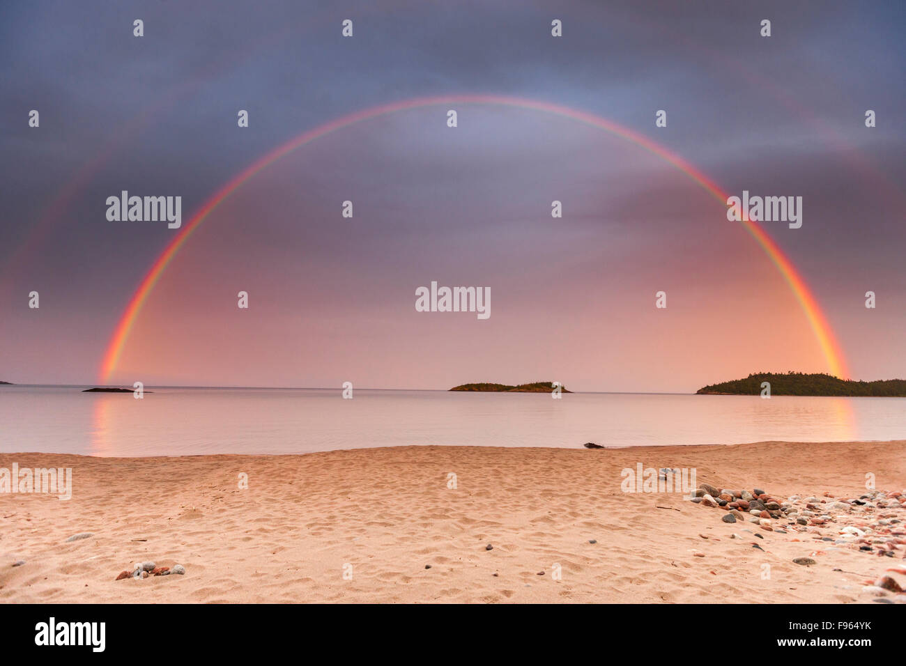 Double rainbow over Gargantua Bay, Lake Superior Provincial Park, Ontario, Canada Stock Photo
