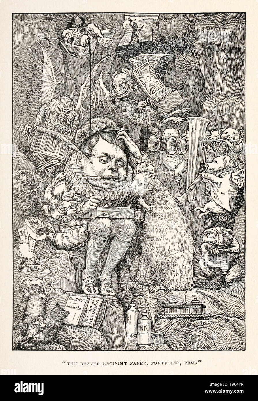 The Butcher and the Beaver from Fit the Fifth 'The Beaver's Lesson' in 'The Hunting of the Snark – An Agony in Eight Fits’ by Lewis Carroll (1832-1898), illustrated by Henry Holiday (1839-1927). See description for more information. Stock Photo