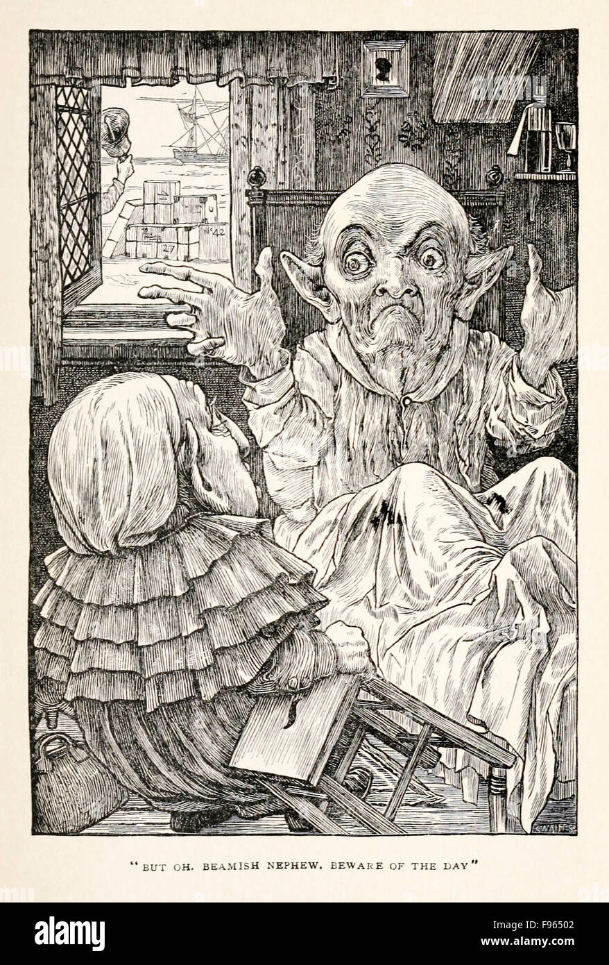 The Baker listening to his Uncle from Fit the Third 'The Baker's Tales' in 'The Hunting of the Snark – An Agony in Eight Fits’ by Lewis Carroll (1832-1898), illustrated by Henry Holiday (1839-1927). See description for more information. Stock Photo