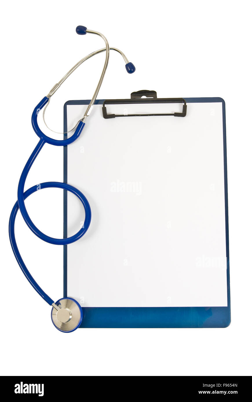 Clipboard with blank sheet of white paper and stethoscope Stock Photo