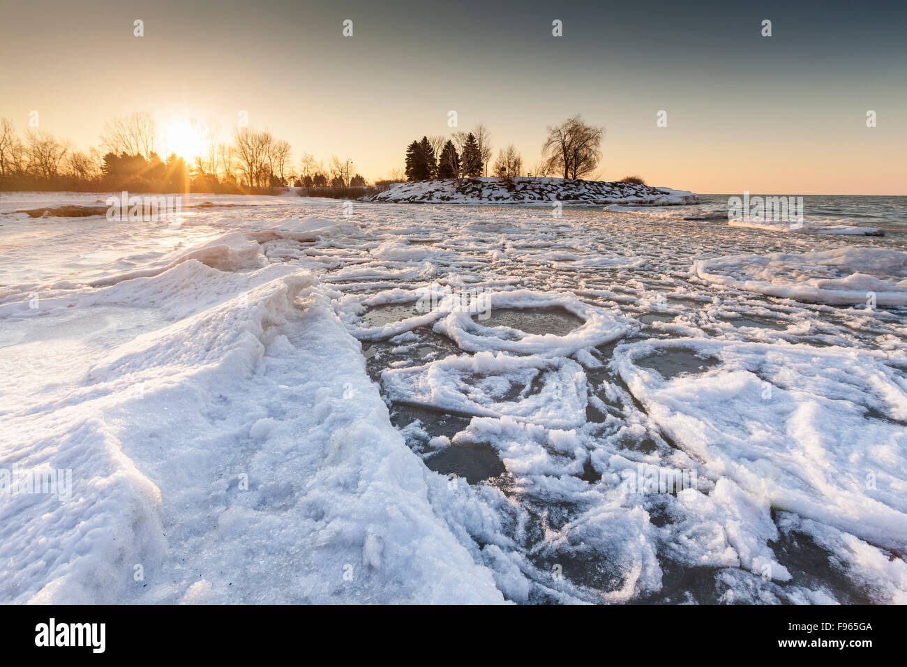 Donutshaped ice formations at Scarborough Bluffs on Lake Ontario in Toronto, Ontario, Canada Stock Photo