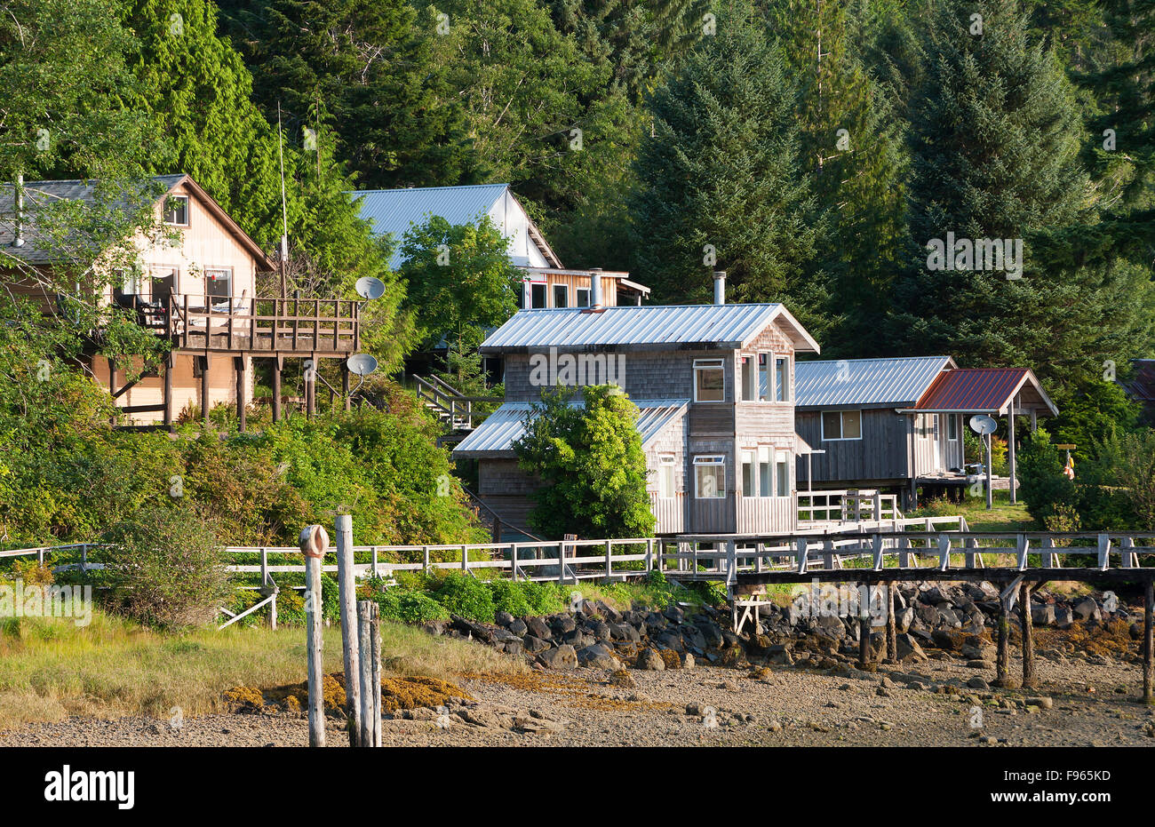 The quaint village of Winter Harbour with it's trademark boardwalk is a popular fishing area for the many sport fishermen Stock Photo