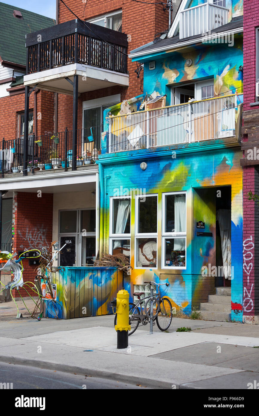 Victorian style houses converted to colorful funky shops, Kensington Market, Toronto, Ontario, Canada Stock Photo