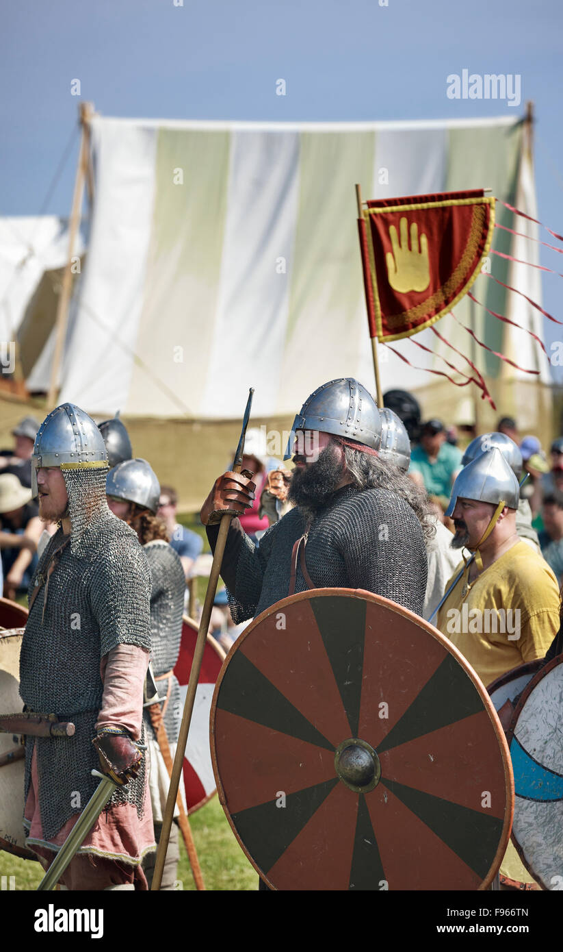 Vikings in battle reenactment at Icelandic Festival, Gimli, Manitoba, Canada Stock Photo