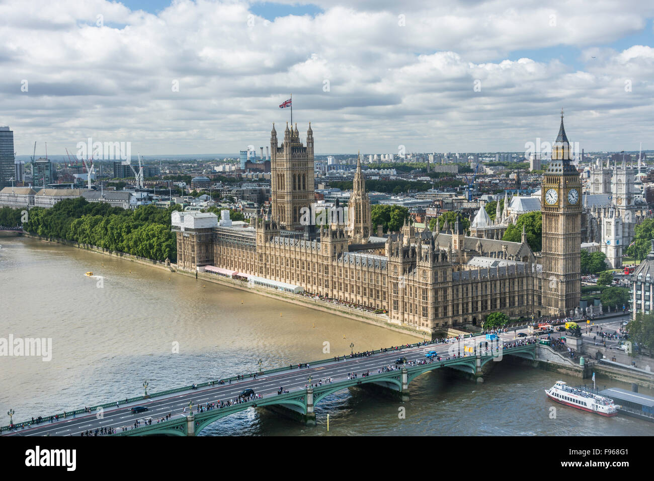 A view of Big Ben and House of Parliament in London, England, taken from a capsule of the London Eye panoramic wheel Stock Photo