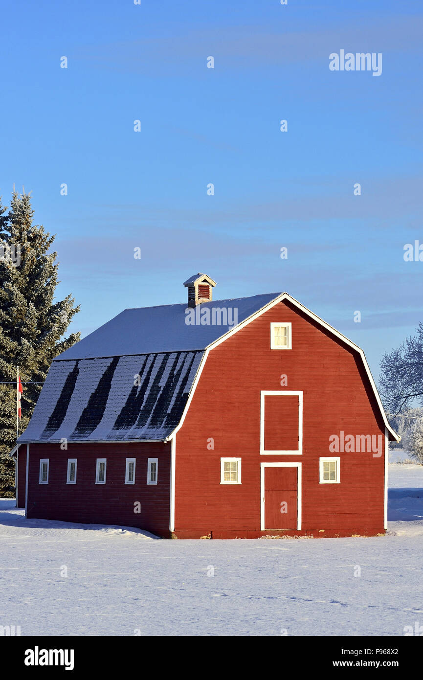 A vertical winter landscape image of a red barn on a farm in rural ...