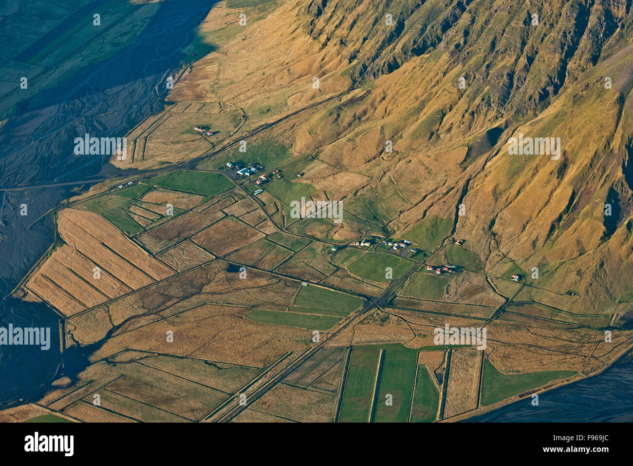 Aerial of farmland and mountains, The Eyjafjoll area, Iceland Stock Photo