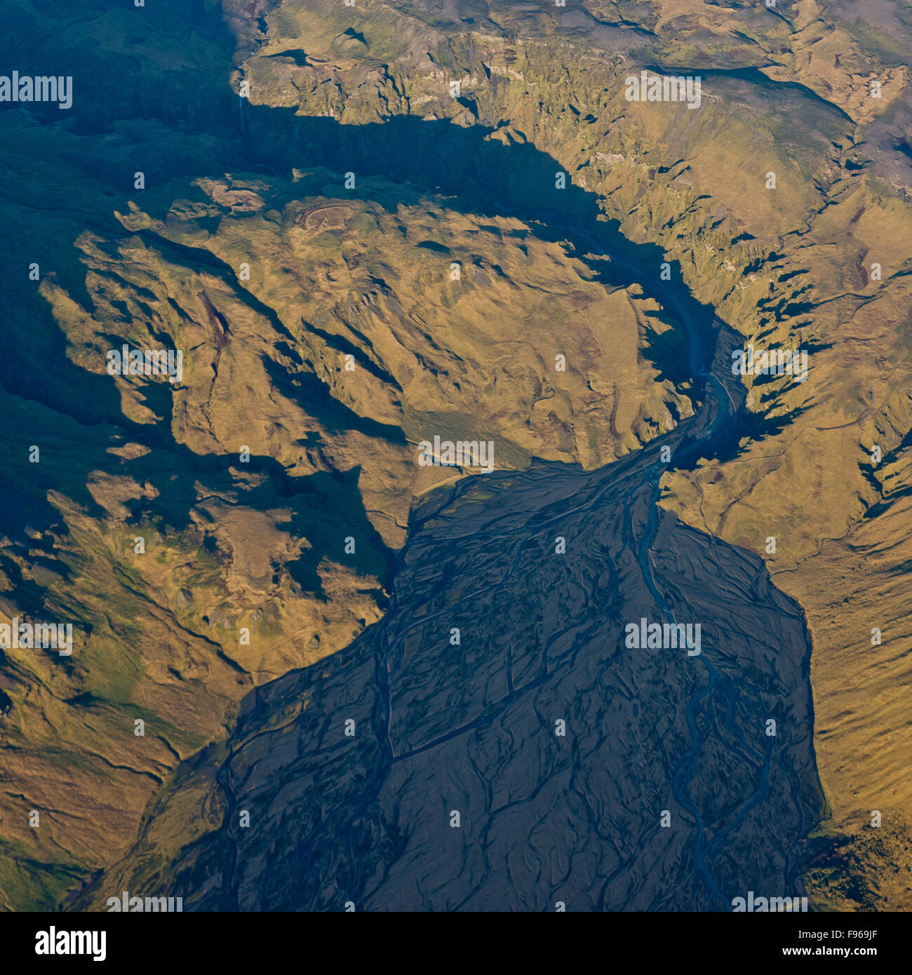 Aerial of mountains and rivers, The Eyjafjoll area, Iceland Stock Photo