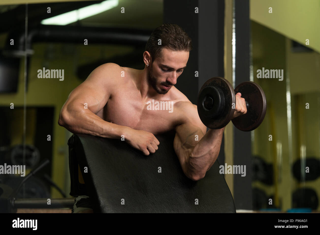 Young Man Working Out Biceps - Dumbbell Concentration Curls Stock Photo ...