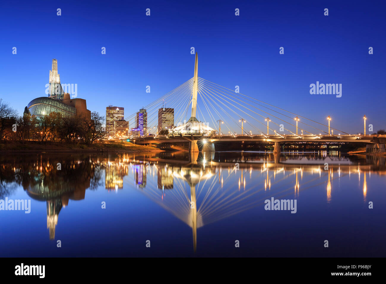 Skyline of Winnipeg at night with Canadian Museum for Human Rights and ...