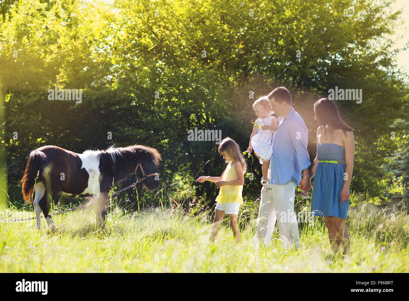 Portrait of young happy family at countryside outdoors, feeding pony Stock Photo