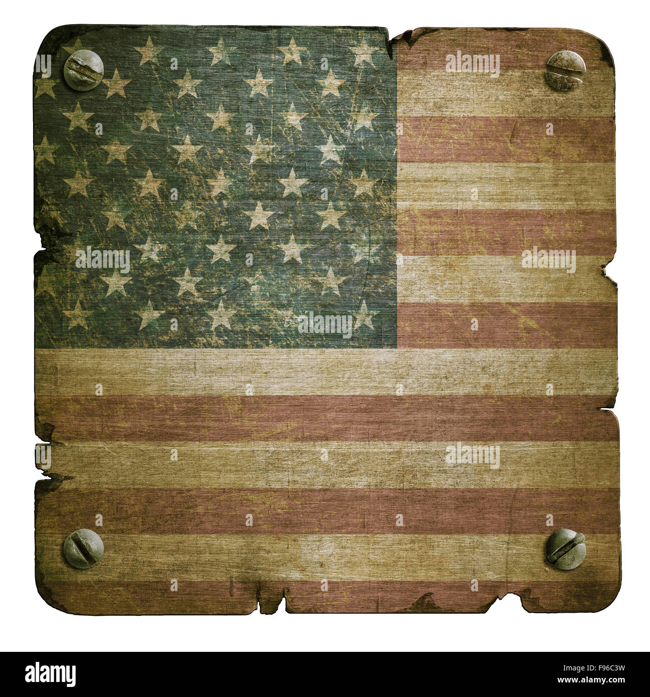 Rusty metal plate with american flag isolated on white Stock Photo