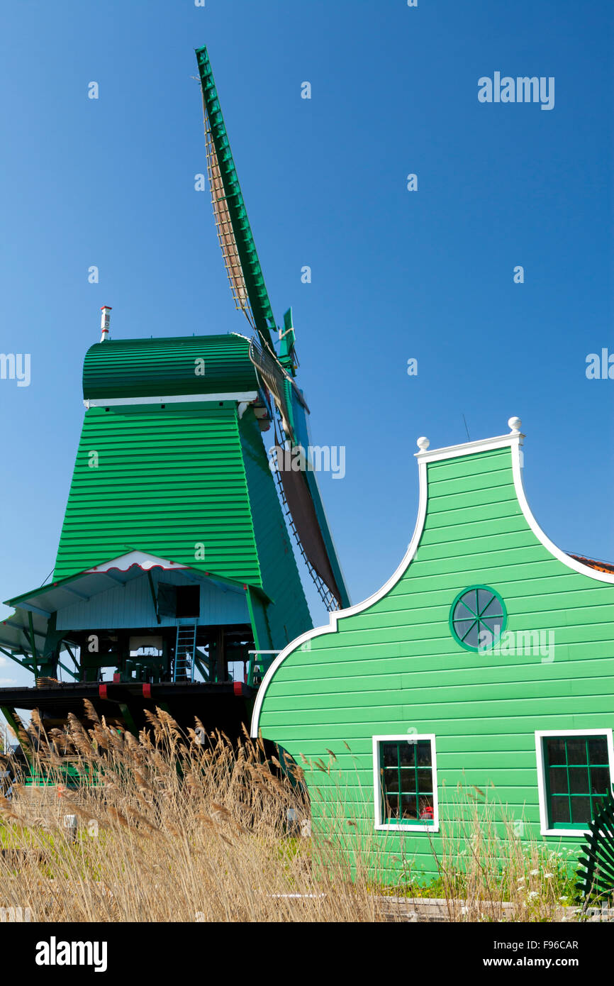 Zaanse Schans is an openair museum north of Amsterdam featuring several restored, working windmills. Stock Photo