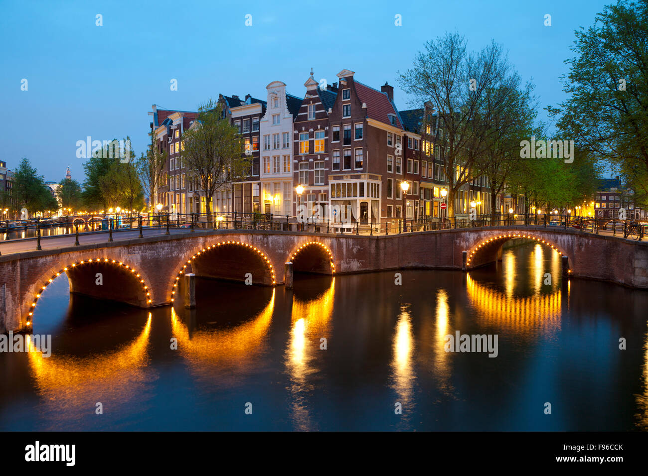 Historic Houses and Bridge along Keizersgracht Canal, Amsterdam, Netherlands Stock Photo