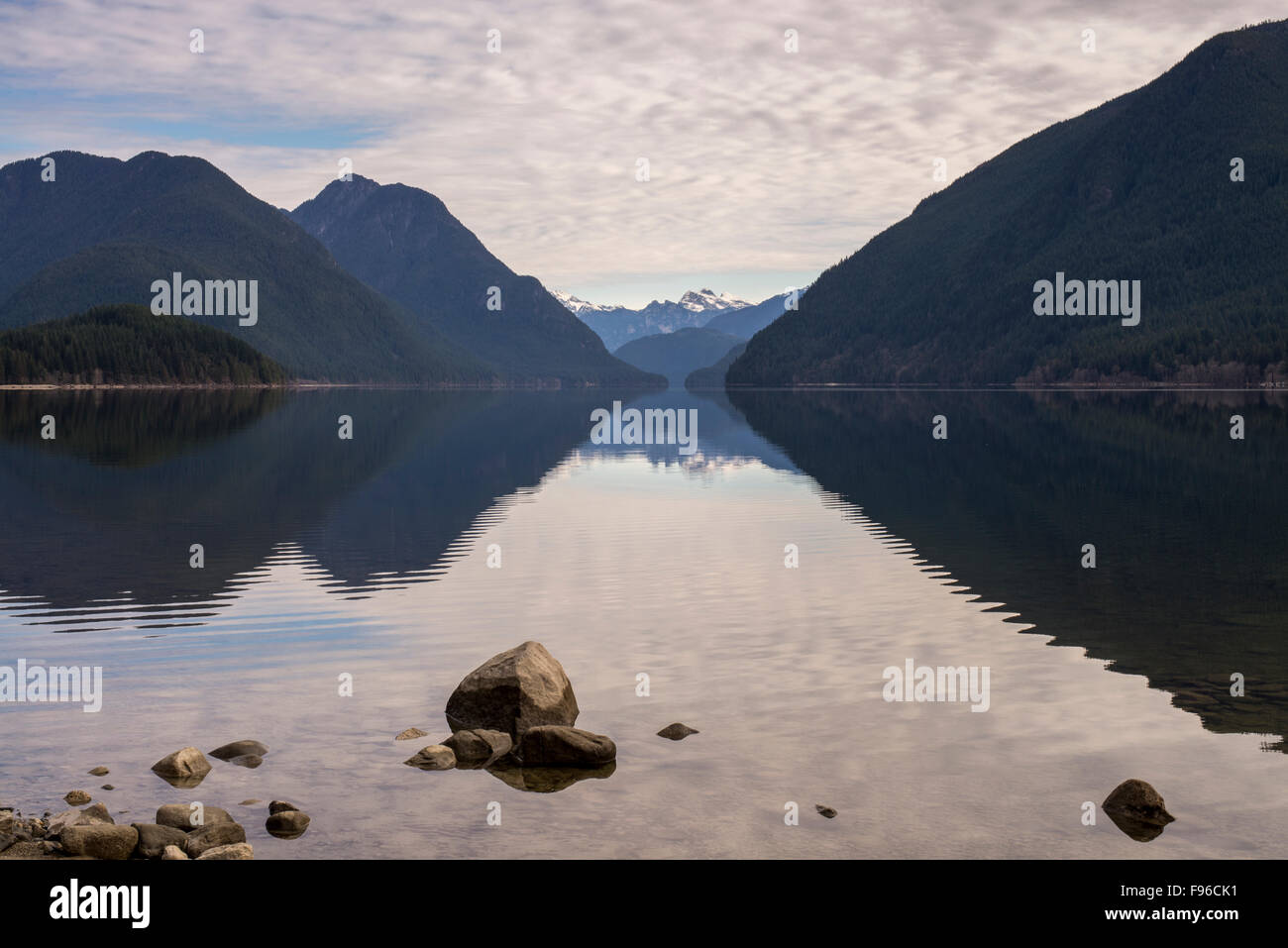 Mountain reflection on Alouette Lake in Golden Ears provincial park, Maple Ridge, British Columbia, Canada. Stock Photo
