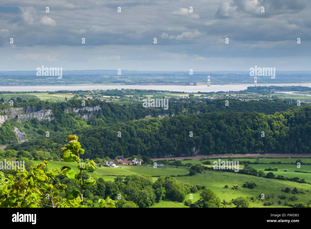 From the 'Eagles Nest' viewpoint at Wynd Cliff of the River Wye, Severn Estuary and M48 Suspension Bridge near St Arvans, Monmouthshire, Wales, UK Stock Photo