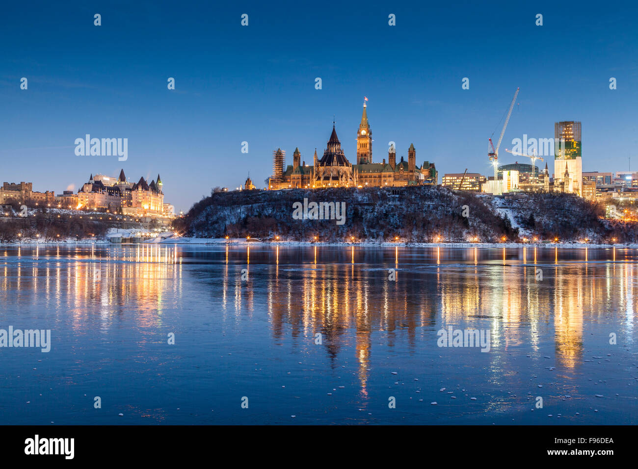 Parliament Hill on the banks of the Ottawa River as seen from Gatineau, Quebec, Canada Stock Photo