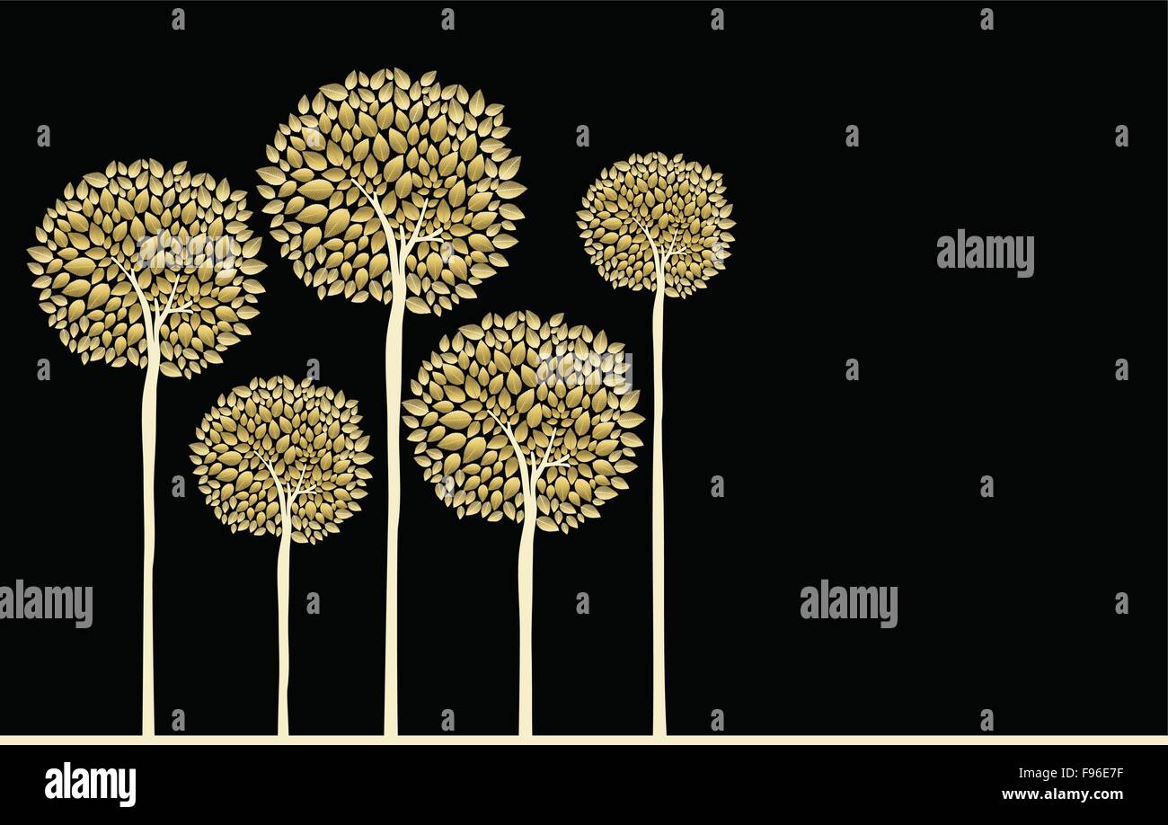 Gold fall concept trees with golden autumn leaves forest illustration background. EPS10 vector. Stock Vector