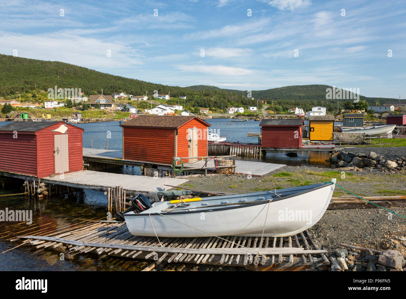 Wooden boat and fishing sheds, New Perlican, Newfoundland, Canada Stock Photo