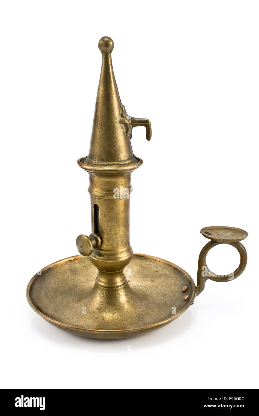 Old bronze candlestick with lid isolated on white Stock Photo