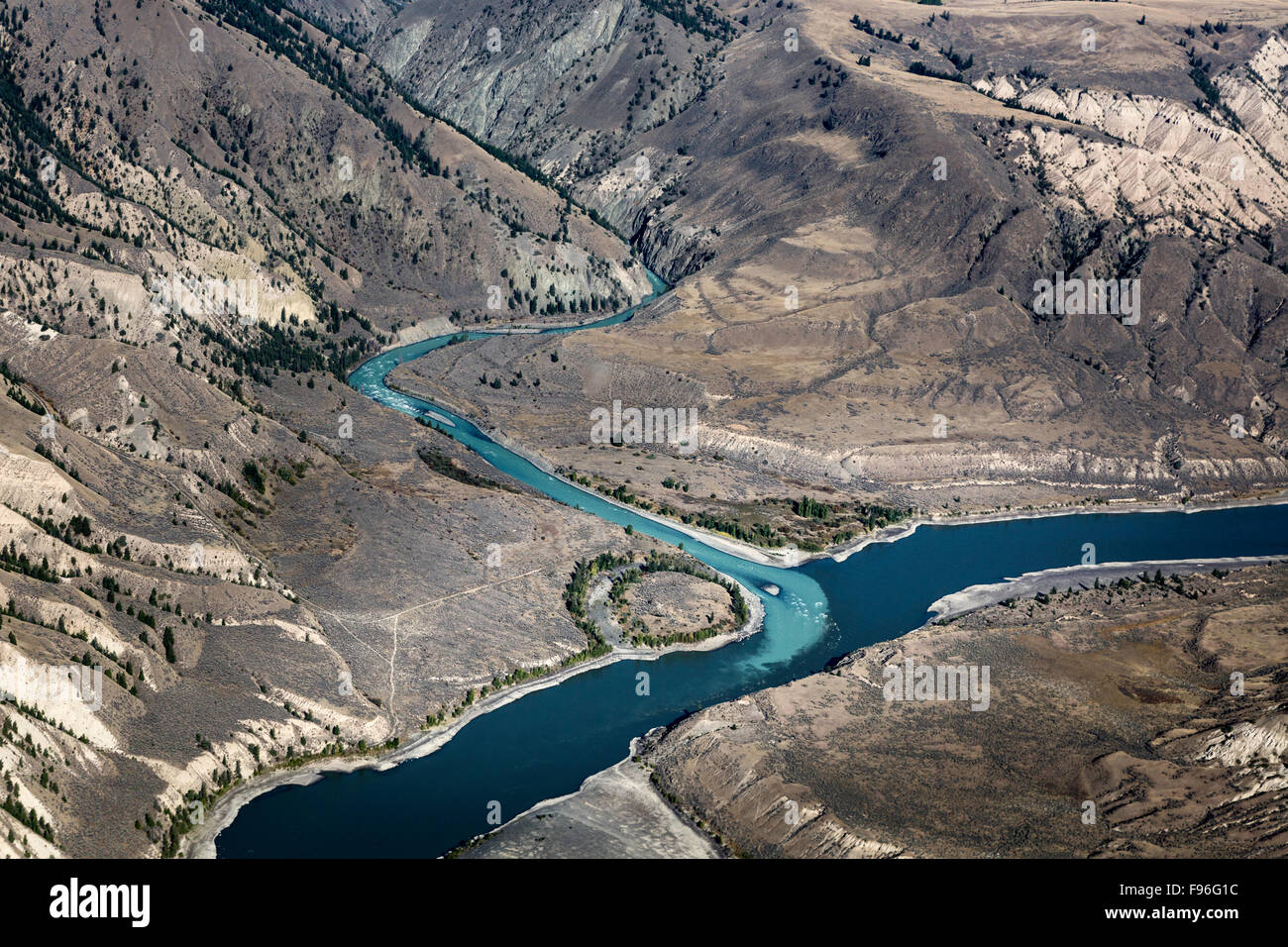 Canada, British Columbia, aerial photography, Chilcotin region,  junction of Chilcotin and Fraser rivers, BC grasslands, Stock Photo